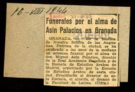 Recorte del diario Pueblo con la noticia Funerales por el alma de  Asín Palacios en Granada