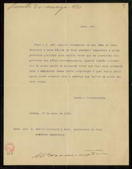Carta de Anselmo Braamcamp Freire a Emilio Cotarelo en la que le ruega que transmita al director ...