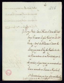 Carta del marqués de la Banditela a Vincencio Squarzafigo en la que le indica que ha recibido el ...