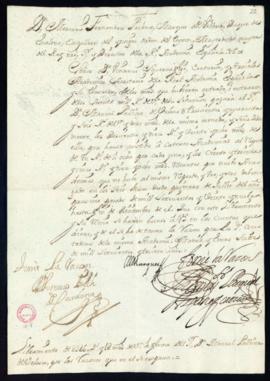 Orden del marqués de Villena de libramiento a favor de Manuel Pellicer de Velasco de 346 reales y...