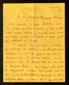 Carta de Ramón Gómez de la Serna a Melchor Fernández Almagro en la que le dice que se alegró much...
