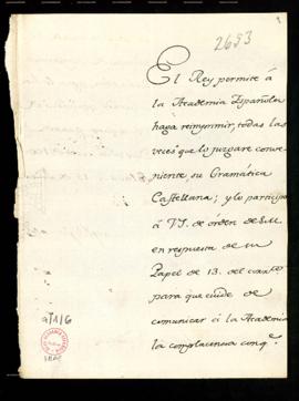 Traslado del marqués de Grimaldi a Francisco Antonio de Angulo del permiso del rey para reimprimi...
