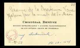 Tarjeta de visita de Cristóbal Benítez, enviado extraordinario y ministro plenipotenciario e los ...