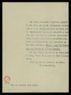 Copia del oficio del secretario a Marcel Bataillon de traslado del agradecimiento de la junta por...