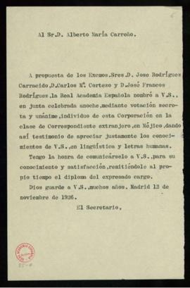 Copia del oficio del secretario a Alberto María Carreño en el que le comunica que la Real Academi...