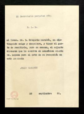 Minuta del besalamano del secretario a Gregorio Marañón que acompaña el envío del discurso escrit...