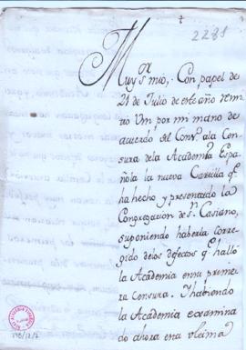 Minuta de la carta [de Francisco Antonio de Angulo] a Juan de Peñuelas con la que remite una list...