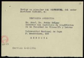 Nota con la orden de envío a Fritz Krüger de un ejemplar de la obra Refranero ideológico español,...