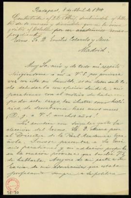 Carta de Körösi Albin a Emilio Cotarelo Mori en la que lo felicita por su cargo de secretario y p...