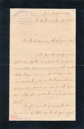 Carta de Antonio Aguilar y Cano a Francisco Rodríguez Marín en la que le pone al corriente de una...