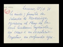 Tarjeta sin firma de la viuda y familia de Salvador de Madariaga en la que expresan su agradecimi...