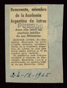 Recorte de prensa con el título Benavente, académico de Buenos Aires