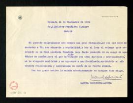 Carta de Manuel Rodríguez-Acosta a Melchor Fernández Almagro en la que le felicita por su ingreso...