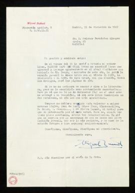 Carta de Miguel Buñuel a Melchor Fernández Almagro en la que le pide que hable de sus libros Narc...
