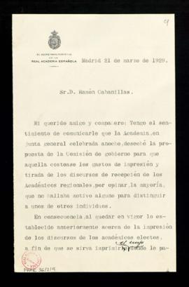 Carta del secretario a Ramón Cabanillas para informarle que la junta ha rechazado la propuesta de...