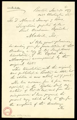 Carta de Charles Frederick Bradford a Manuel Tamayo y Baus, secretario, con la que le envía un ej...