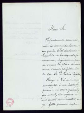 Carta de Federico Balart al secretario [Manuel Tamayo y Baus] de acuse de recibo de la comunicaci...