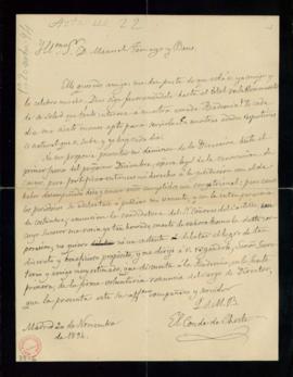 Carta del conde de Cheste al secretario, Manuel Tamayo y Baus, por la que le ruega que, dado que ...