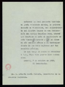 Copia del oficio de pésame del secretario a Alberto María Carreño por el fallecimiento de Carlos ...