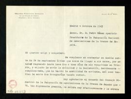 Copia de la carta de Melchor Fernández Almagro a Pedro Gómez Aparicio, presidente de la Federació...