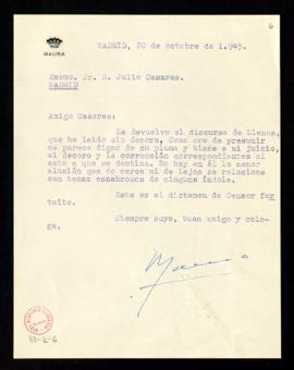 Carta del duque de Maura a Julio Casares con la que le devuelve el discurso de ingreso de Félix d...