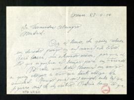 Carta de Matilde Lloria a Melchor Fernández Almagro con la que le envía un ejemplar de Aleluya co...