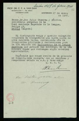 Carta de C. F. Adolf van Dam a Julio Casares con la que le remite una nueva lista con las notas p...