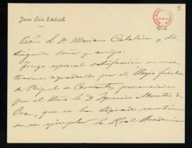 Carta de Juan Luis Estelrich a Mariano Catalina en la que le agradece el envío del Elogio fúnebre...