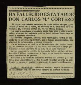 Recorte del Diario Universal con la noticia Ha fallecido esta tarde don Carlos María Cortezo