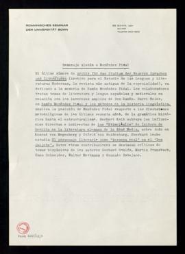 Nota con la traducción de la reseña del Homenaje alemán a Menéndez Pidal en la revista Archiv für...