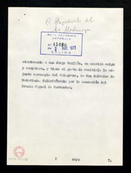 Copia sin firma del saluda [del secretario] a Jorge Guillén con el que le remite una xerocopia de...