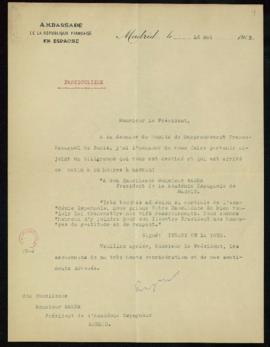 Traslado del telegrama de Pierre Imbart de la Tour a Antonio Maura de expresión del agradecimient...