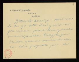 Carta de Armando Palacio Valdés [al secretario] en la que le comunica que está mal de los ojos y ...