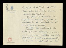 Carta de Federico García Sanchiz a Julio Casares en la que le dice que votaría a Francisco Rodríg...
