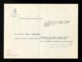 Carta de Narciso Alonso Cortés a Rafael Lapesa, secretario de la Real Academia, con la que le rem...