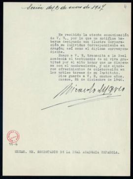 Carta de Ricardo del Arco y Garay al secretario en la que acusa recibo de su nombramiento como ac...