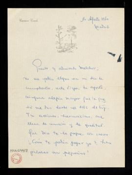 Carta de Carmen Conde a Melchor Fernández Almagro en la que le expresa que ha recibido por su art...
