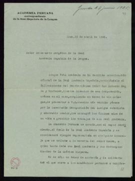 Carta de pésame de Pedro José Rada y Gamio, en nombre de la Academia Peruana, al secretario [Emil...