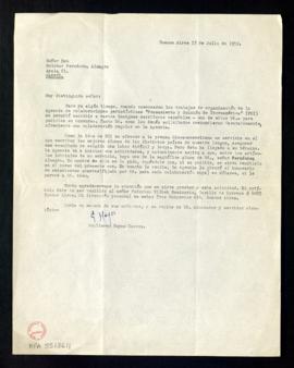 Carta de Guillermo Hoyos Osores a Melchor Fernández Almagro en la que le pide que envíe un artícu...