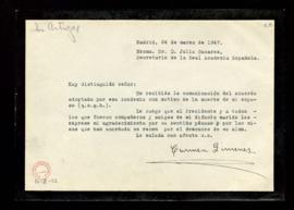 Carta de Carmen Giménez a Julio Casares en la que agradece a la corporación su sentido pésame por...
