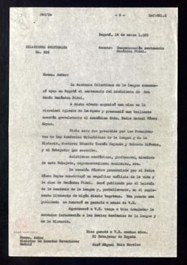 Copia del oficio de José Miguel Ruiz Morales, embajador de España, al ministro de Asuntos Exterio...