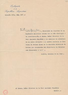Carta de Federico Quintana, encargado de Negocios de la República Argentina, al director con la q...