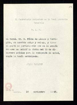 Copia del besalamano de Julio Casares a Félix de Llanos y Torriglia en el que le comunica que la ...