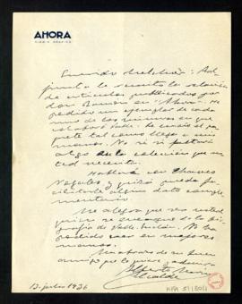 Carta de Alberto Marín Alcalde a Melchor Fernández Almagro con la que le remite la relación de ar...