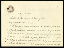 Carta de Eduardo García del Real a Emilio Cotarelo en la que manifiesta su interés en que su nomb...