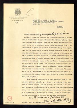 Carta de José Millán-Astray a Melchor Fernández Almagro en la que le felicita por su exaltación a...