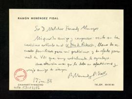 Carta de Ramón Menéndez Pidal a Melchor Fernández Almagro en la que le dice que ha recibido su ar...