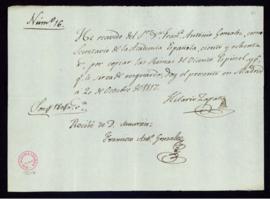 Recibo de Hilario Zapata de 180 reales de vellón por copiar las Rimas de Vicente Espinel
