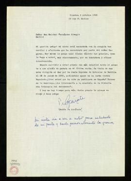 Carta de Pablo de Azcárate a Melchor Fernández Almagro en la que le agradece la acogida proporcio...
