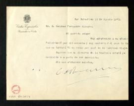 Carta del conde de Romanones, procurador en Cortes, a Melchor Fernández Almagro en la que le agra...